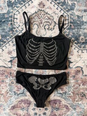 Trickz N Treatz Black Rhinestone Skeleton Crop Top Sleepwear Set